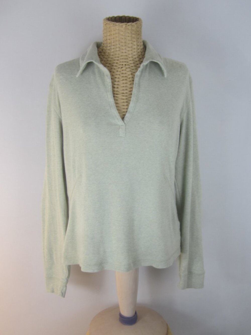 Vtg J Crew Women M Pale Heather Green Collared LS Knit Shirt Cotton Comfy